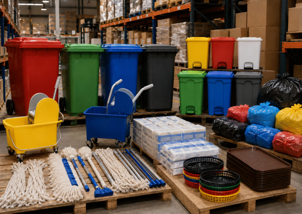 Mops, mop buckets, dustbins, garbage bags, gloves, trays and janitorial tools.